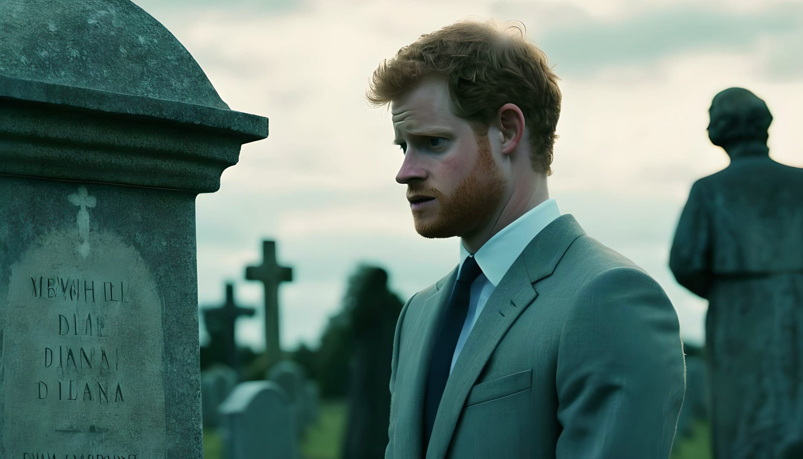 Como a IA imagina o príncipe Harry visitando o túmulo da mãe, a princesa Diana