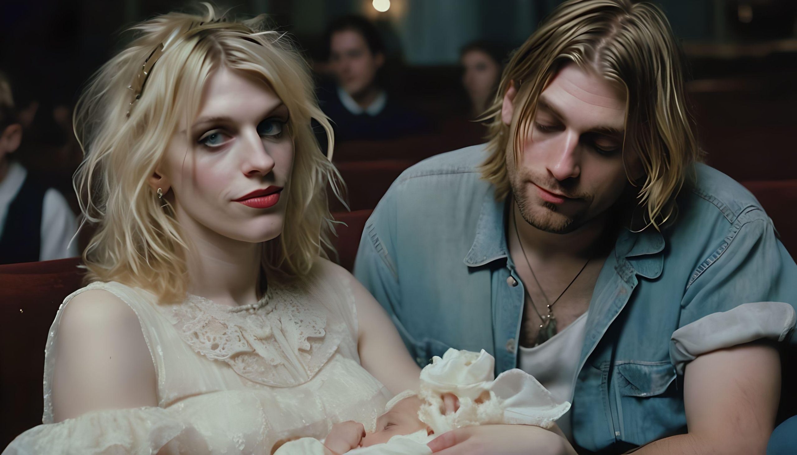 Um universo paralelo imaginado pela IA, em que Kurt Cobain e Courtney Love vivem um casamento feliz, sem drogas nem fama no meio